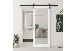 JUBEST 36x80 in Mirror Barn Door and 6.6FT Sliding Door Hardware Kit Included, White Full Length Mirror, Solid Wood Panel Covered with Water-Proof PVC Surface, No Assembly Required