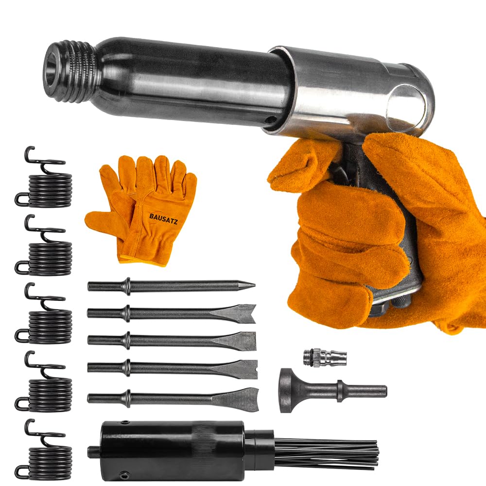 BAUSATZ Air hammer Heavy Duty 220mm long barrel air chisel kit with 5pcs chisels Needle Scaler Attachment with 19pcs Needles，5000BPM air chisel for shoveling and cutting (JBCXJ02)