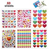Valentines Heart Stickers, 60 Sheets Valentine's Day Love Decorative Stickers for Anniversaries, Party, Wedding (Colorful)