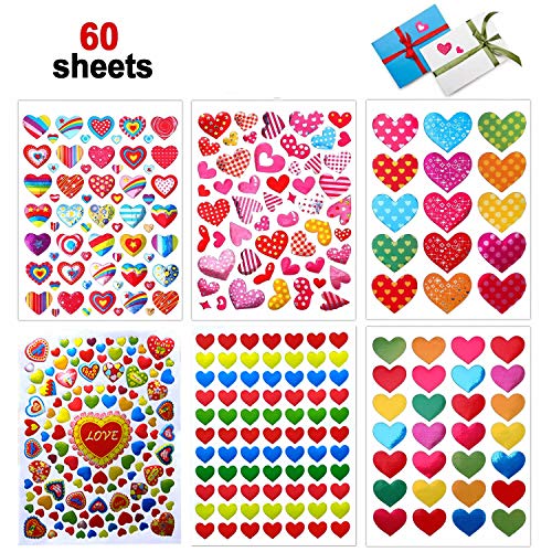 Valentines Heart Stickers, 60 Sheets Valentine's Day Love Decorative Stickers for Anniversaries, Party, Wedding (Colorful)