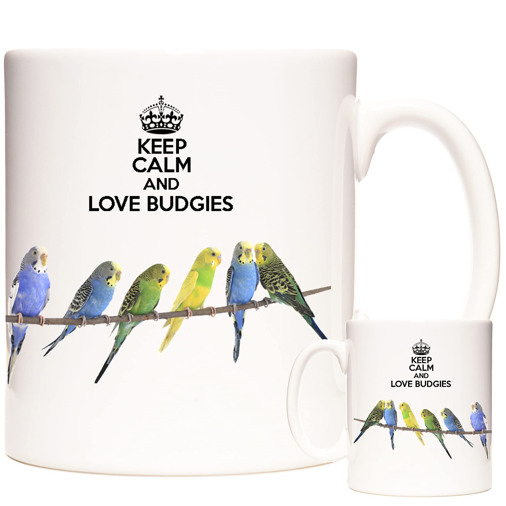Budgerigar Mug, Keep Calm and Love Budgies. 11oz Ceramic Gift Mug Featuring Budgies. Gift for Budgie Keepers and Breeders.