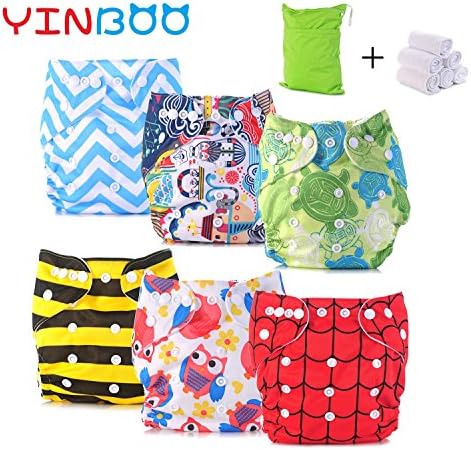 YINBOO New Baby Washable Cloth Diaper Cover Cartoon Animal Adjustable Nappy Reusable Cloth Diapers Available 0-2years 7-35 lb 6 pcs + 6 Inserts + 1 diaper bag