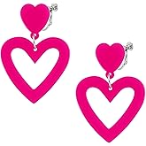 Hot Pink Heart Love Earrings for Women Clip on Dangle Drop Earrings Non Pierced 70s 80s 90s Retro Neon Jewelry