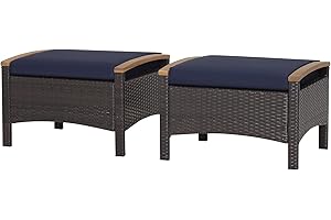 RELAX4LIFE Outdoor Wicker Ottomans for Patio - 2 Pieces PE Rattan Ottoman, Footrest Seat with Zippered Cushions, Acacia Wood Handles, 3-in-1 Footstool, Side Table for Poolside, Backyard (Navy)