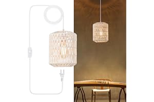 YXTH Plug in Pendant Light, Rattan Hanging Lights with Plug in Cord 15ft Dimmable Cord, Hand Woven Wicker Lampshade Hanging Lamp, Boho Plug in Hanging Ceiling Light Fixture for Farmhouse Bedroom White