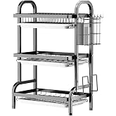 Goldmeet 3 Tier Dish Drying Rack, Large Stainless Steel Over The Sink Dish with Drain Tray, Kitchen Dishes Drying Racks, Dish Racks for Kitchen Counter Storage (Black)