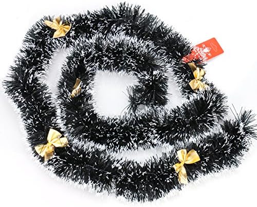 Christmas Tinsel Garland with Gold Ribbon Bow for Christmas Tree Party Decorations, Set of 2 ( Green with White)