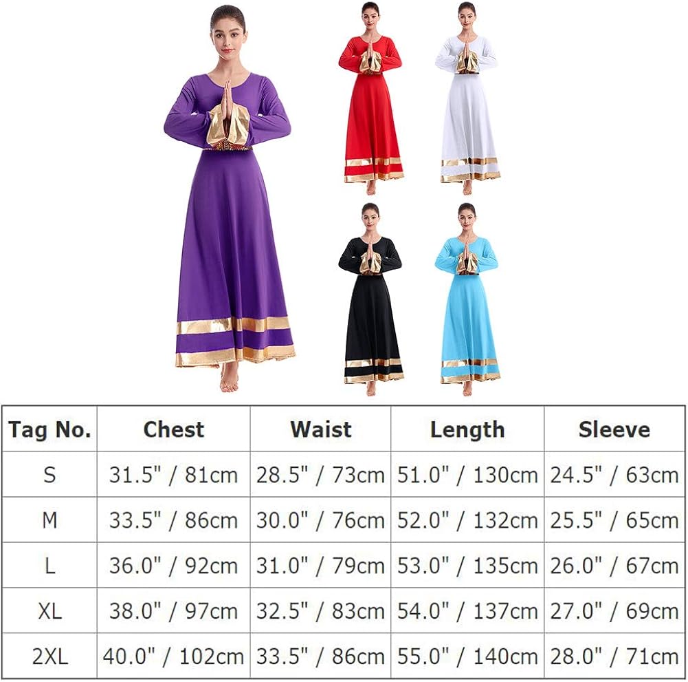 Women Metallic Praise Dance Dress Bell Long Sleeve Full Length Liturgical Tunic Skirt+Sequins Waistband Worship Costume: Clothing