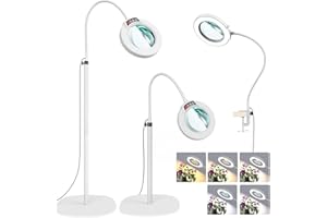 10X Magnifying Glass with Light and Stand, 24" Flexible Gooseneck 3-in-1 LED Floor Lamp, Optical-Grade Real Glass Lens, 5 Col