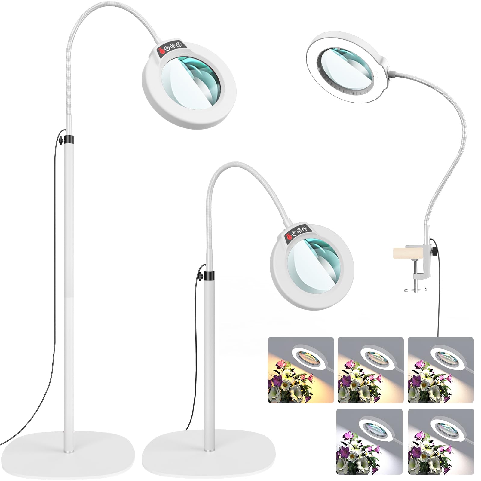 Photo 1 of 10X Magnifying Glass with Light and Stand, Optical Grade Real Glass Lens, 5 Color Modes, Stepless Dimmable, 24" Flexible Gooseneck 3-in-1 Floor Lamp, LED Lighted Magnifier Hands Free for Craft - White