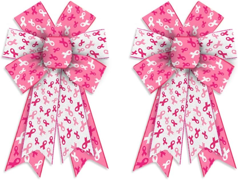 Bows & Ribbons - Estivaux 2 Pieces Breast Cancer Awareness Bows for Wreath, Breast Cancer Awareness Cheer Wreath Bows Pink White Burlap Bow Holiday Farmhouse Craft Bows for Front Door Home Tree Top Garden Supplies