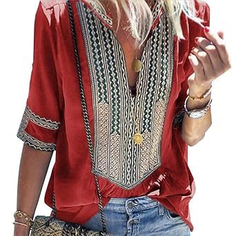 Damen Bluse Shirt, lose Kurzarm V-Ausschnitt böhmischen ethnischen Stil Floral bedrucktes Top T-Shirt