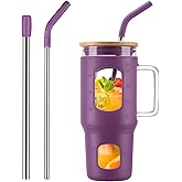 WINSA Glass Tumbler with Straw & Lid, 32 oz Glass Cup with Handle, Water Bottles with Time Marker - 2 Straws & Silicone Protective Sleeve Dark Purple