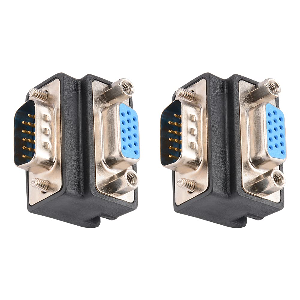 J&D DB15 90 Degree VGA 15 Pin Adapter (2 Pack), D sub 15 Nickel coated Connector Right Angle Male to Female VGA 15 Pin Adapter Coupler Converter