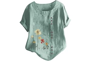 KICILVS Women's Summer Tops Casual Cotton Linen T Shirts Short Sleeve Round Neck Shirt Oversized Floral Graphic Tees