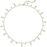 MTMY Gold Station Necklace for Women 14K Gold Plated Cubic Zirconia Cute Cross Heart Shell Teardrop Charm Station Choker Necklace Dainty CZ Chain Necklaces for Women Trendy Jewelry Gifts