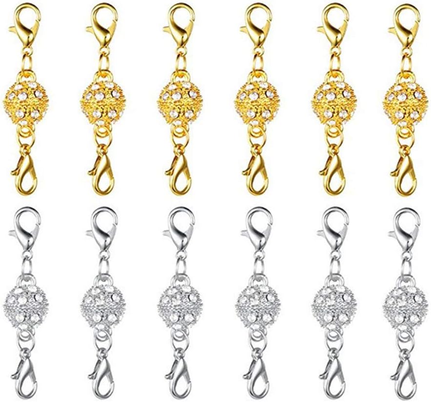 12 Pcs Magnetic Lobster Clasp for Necklace Bracelet, Rhinestone Ball Clasp Connectors DIY Jewelry Keyring Hanging Ornament Making 10mm, Golden and Silver