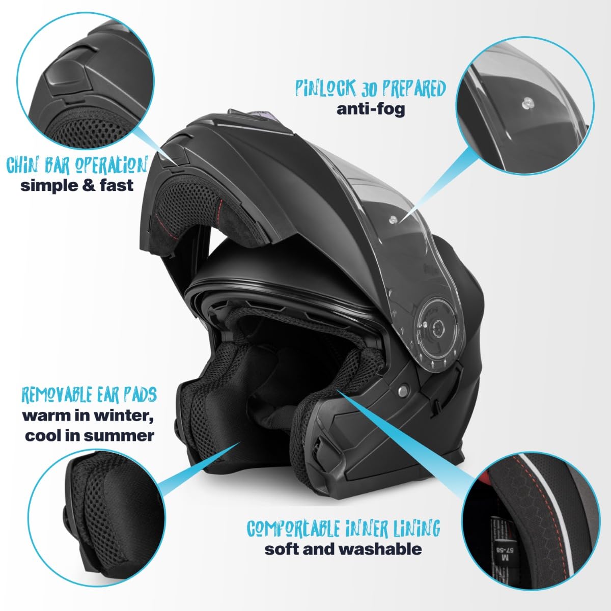 VINZ Santos Klapphelm mit Sonnenblende | ECE 22.06 & PINLOCK vorbereitet | Motorrad Helm Integralhelm | Motorradhelm Klappbar | In Gr. XS-XXL - Matt Schwarz 3