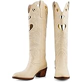POYOIOR Cowboy Boots for Women Wide Calf Round Toe Chunky Stacked Heel Knee High Cowgirl Boot Heart Pattern Classic Embroidered Tall Western Booties Pull on