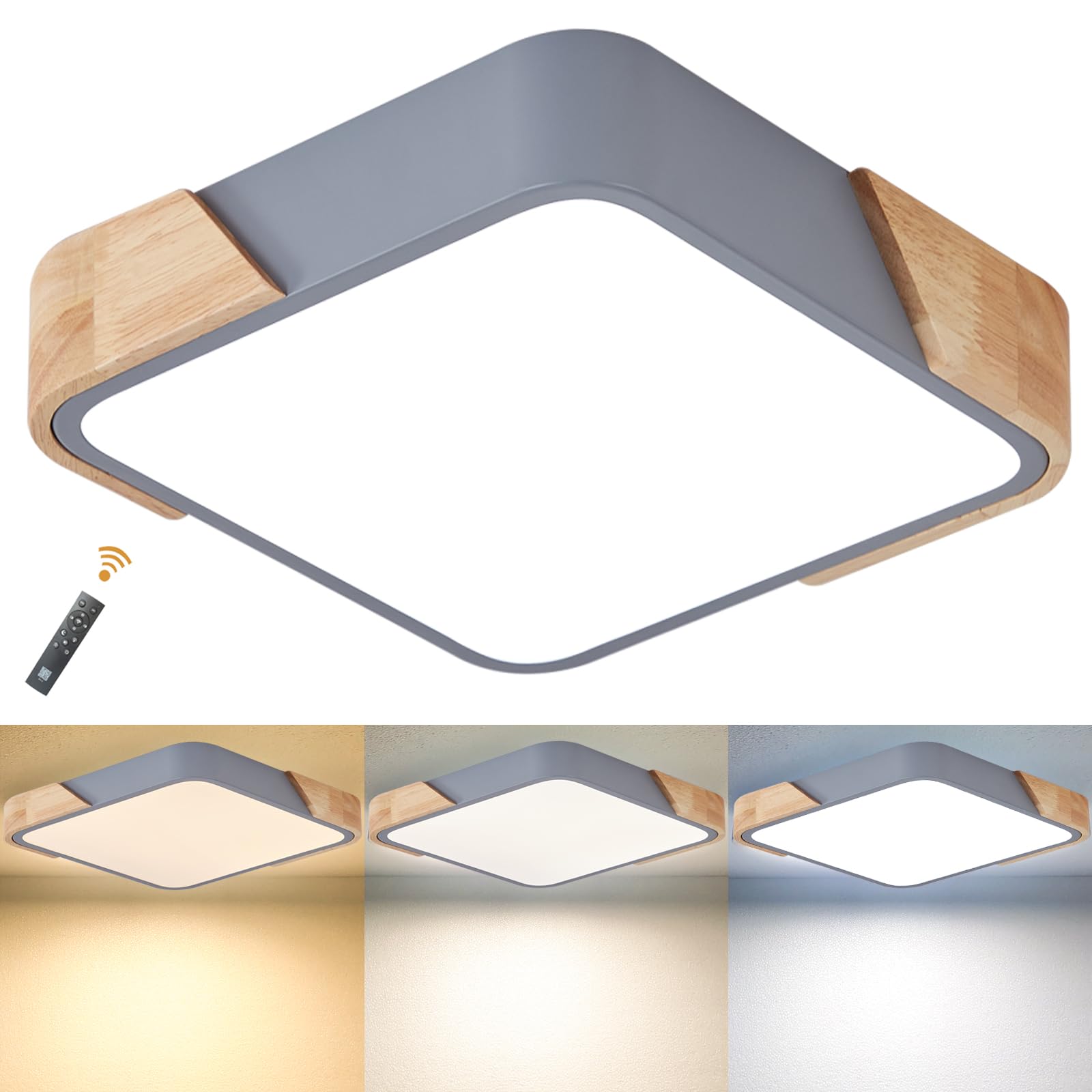LuFun LED Ceiling Lights Dimmable 24W, Light Fitting Ceiling Modern Wood Flush Mount Ceiling Light for Living Room Bedroom Kitchen Lounge Hallway, 30cm*30cm (Grey) — image 1