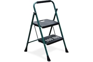 HBTower 2 Step Ladder, Folding Step Stool with Wide Anti-Slip Pedal, Sturdy Steel Ladder, Convenient Handgrip, Lightweight 500lbs Portable, Green and Black