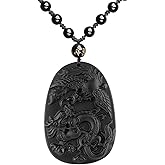 ASGIFT Dragon and Phoenix Obsidian Necklace Black Obsidian Hand Carved Animal Gemstones Pendant with Adjustable Bead Chain Healing Crystal Stone Amulet Charms Spiritual Gifts For Men Women
