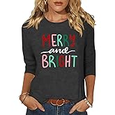 Vircreate Womens 3/4 Sleeve Crew Neck Christmas T-Shirts Merry Christmas Leopard Plaid Tree Graphic Tee Tops
