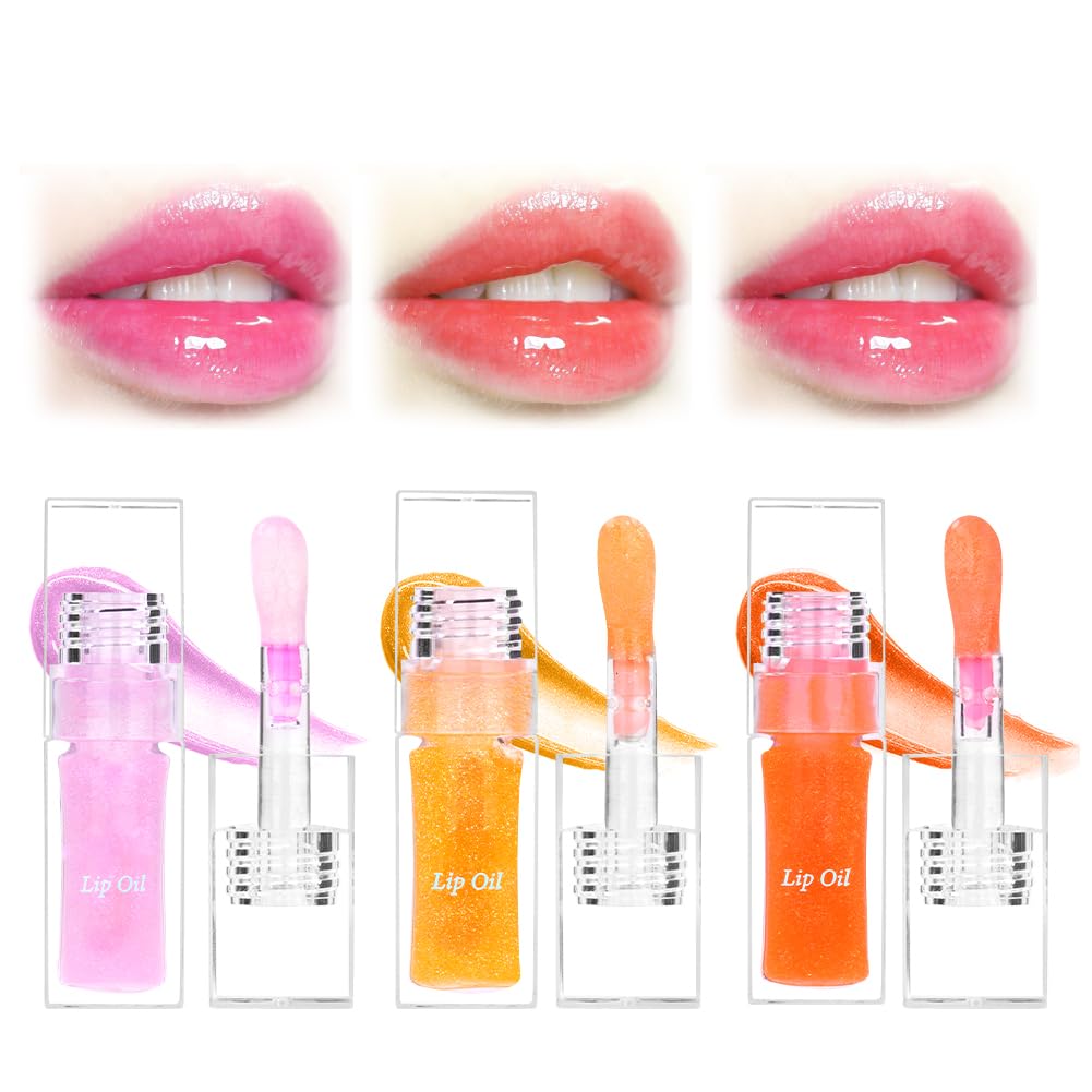 LOPHE 3 Pcs Lip Gloss Set, Magic Color-changing Lip Oil, Hydrating Plumping Lip gloss, Colour Changing Glitter Lip Tint, Long Lasting Moisturizing Non-sticky,Fruit Flavoured Lip Oils, High Shine, 7ml