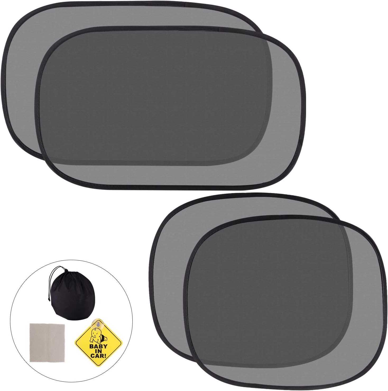 Fesoar Car Window Shade, Car Window Shades for Baby Car Sun Shades for Kids Side Window Sunshades Rear Window Sun Covers Block out Heat and Sun Rays in a Handy Pouch Black Pack of 4 (51*31cm+44*38cm)
