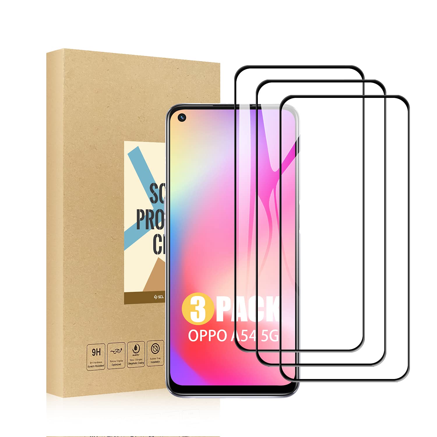 SCL Screen Protector Compatible with OPPO A54 5G Screen Protector for OPPO A54 5G Tempered Glass Film [3-Pack], [3D Curved Full Coverage, Easy Installation, Bubble-free, 9H Hardness]