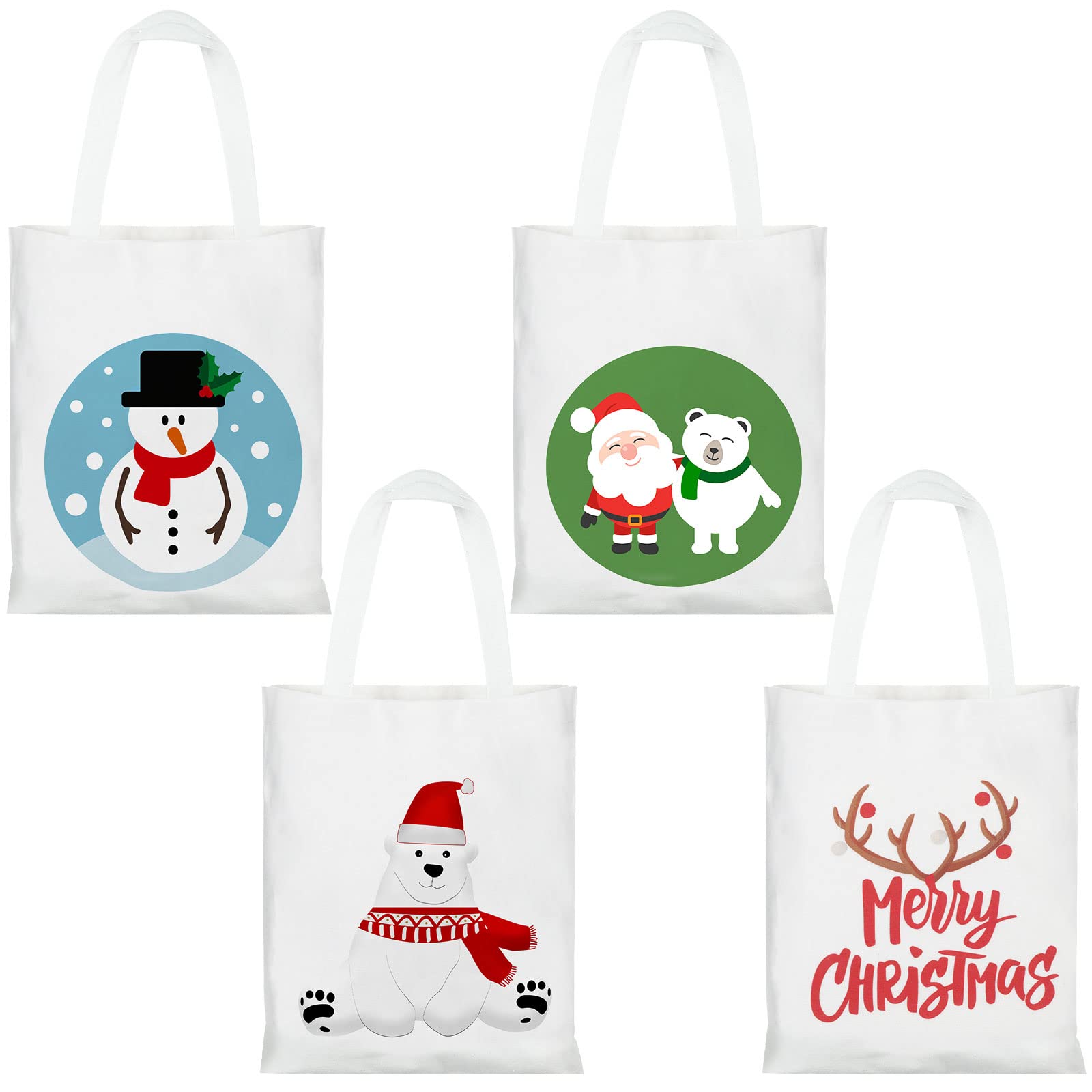 4 Pieces Christmas Canvas Tote Bag Reusable Grocery Shopping Bags Snowman Santa Merry Christmas Bag Women Casual Shoulder Handbag for Christmas Party Favor Supplies Mom Presents Supermarket Shopping