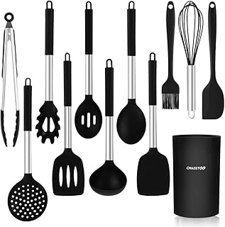 CHASSTOO Silikon Küchenhelfer Set, 12 Stück Küchenutensilien Set, Hitzebeständig Kochgeschirr Set, Kochutensilien Set mit Edelstahlgriff, Pfannenwender Set, Küchenset, Kochbesteck Set, Schwarz