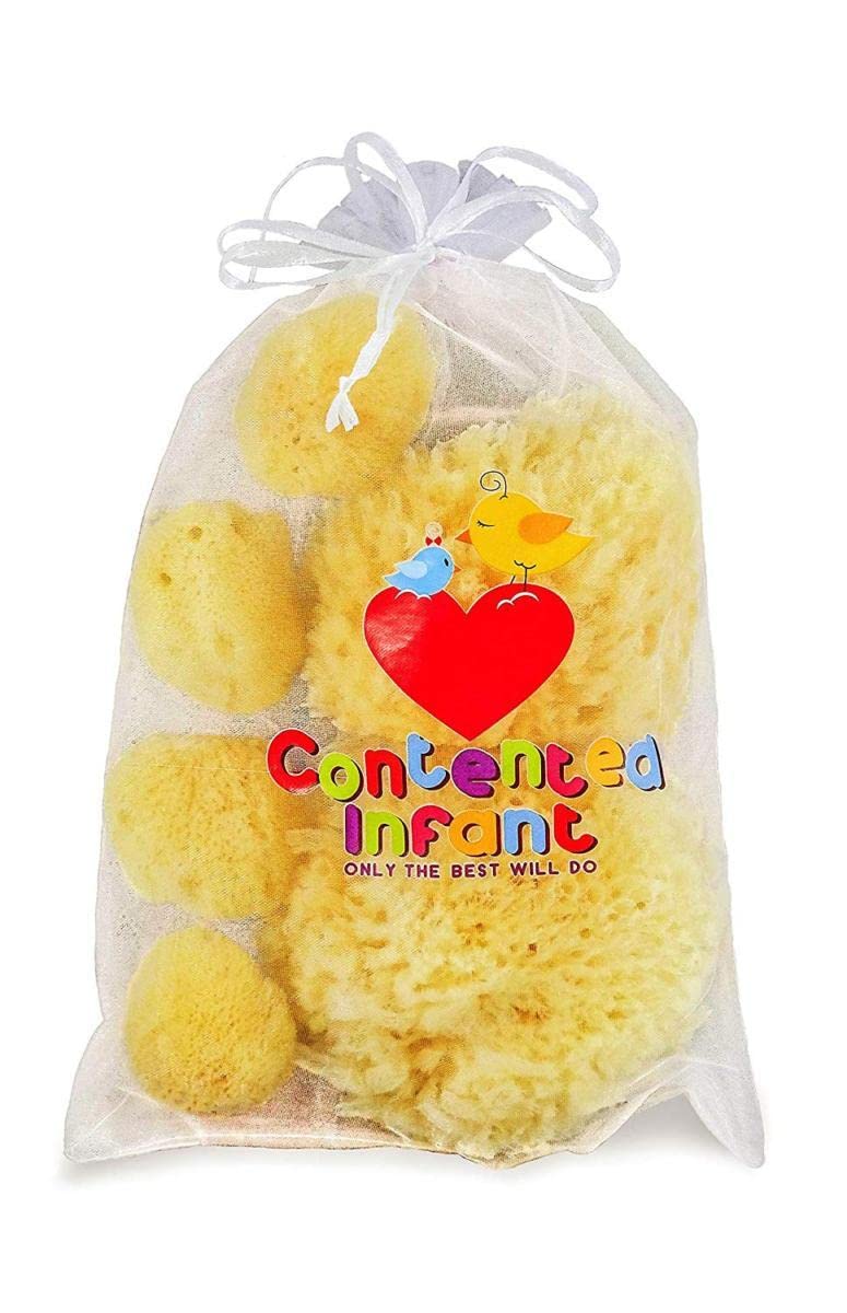 Real Sea Sponges for Babies - 6 Pk Bath Care Set, Gentle, Kind on Skin, for Bathing Washing Body Eyes, Ears Nose, Also for Newborn Toddler Kids; Baby Shower Spa Gift by Contented Infant