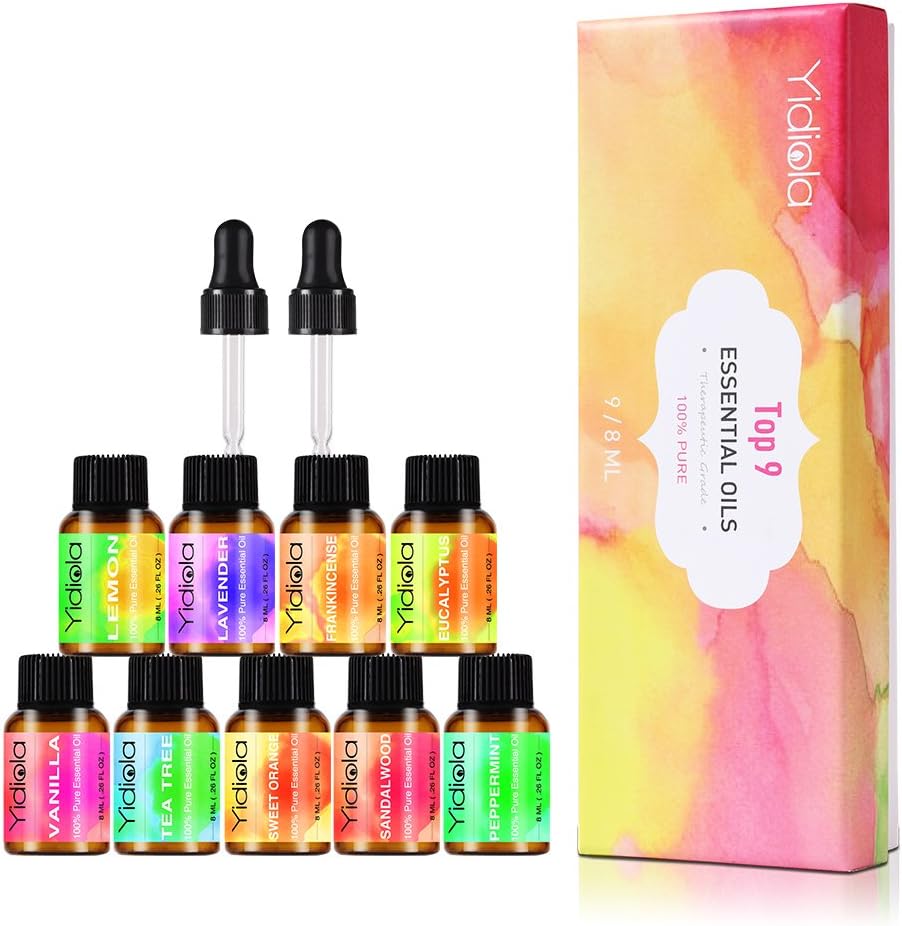 YIDIOLA Essential Oils Top 9 Aromatherapy 100% Pure Therapeutic Grade Essential Oils Set w/2 Glass Dropper, Lavender/Eucalyptus/Peppermint/Frankincense/Tea Tree/Lemon/Vanilla/Sweet Orange/Sandalwood