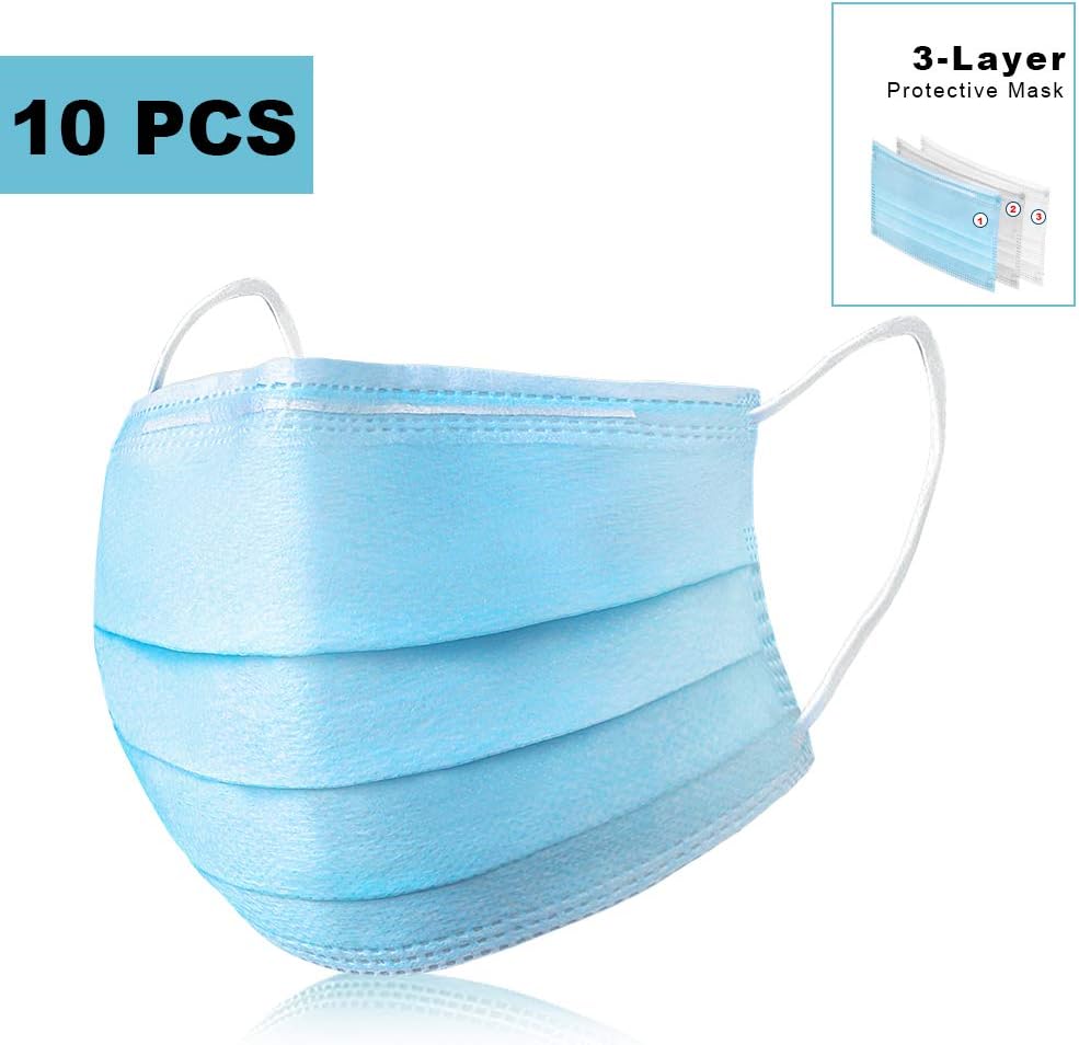 Sufiya 3-Ply Disposable 3-Ply Face Mask Earloop One time Medical Dental Face Mask for Health Non-Toxic Dust, Pollen, Sawdust, Garage Dust, Garden and General Household Irritants -Pack of 10 (Blue)