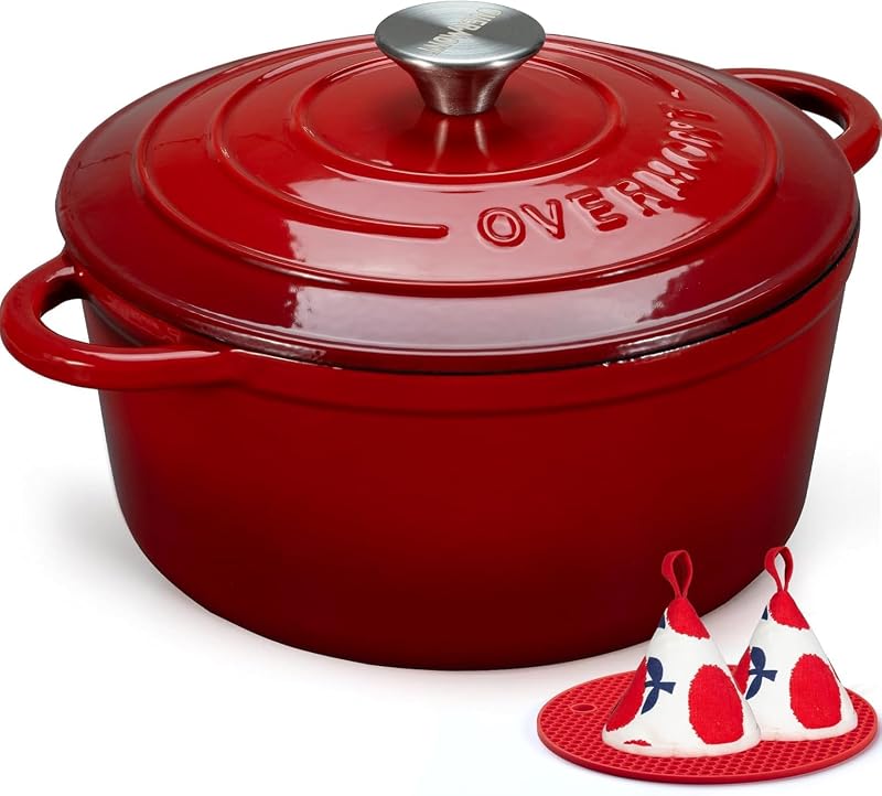 Overmont Enameled Cast Iron Casserole Dish 26 cm Red Dutch Oven