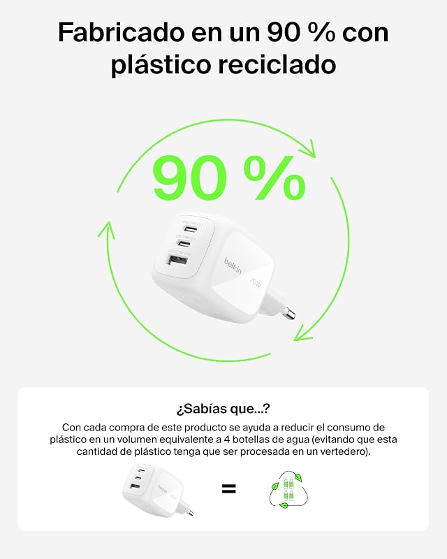 BoostCharge Pro Cargador USB-C GAN 70W, 3 Puertos y Adaptadores