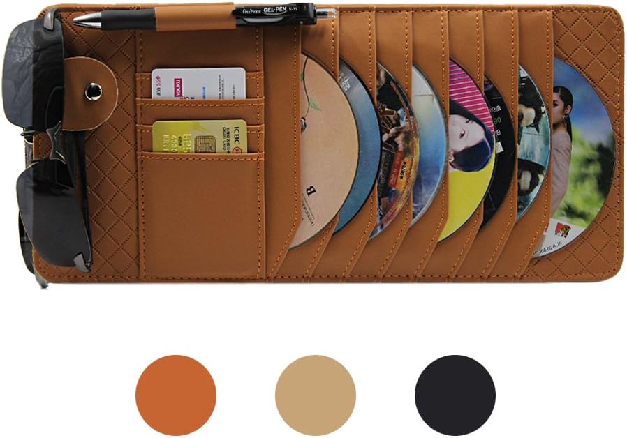 CD Sun Visor Organizer for Car Detachable Portable Multi-Function PU Lambskin with 10 CD Slots + 4 Credit Cards Pockets + 1 Sunglasses Holder + 1 Pen Holder (Brown)