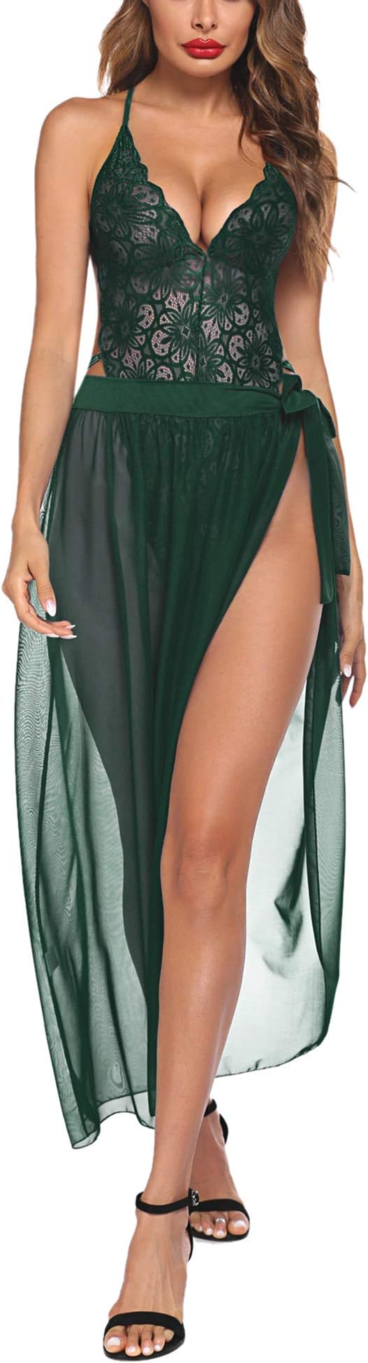 Avidlove Women One Piece Lingerie Deep V Lace Bodysuit Mosaic Lace Teddy Mesh Skirt