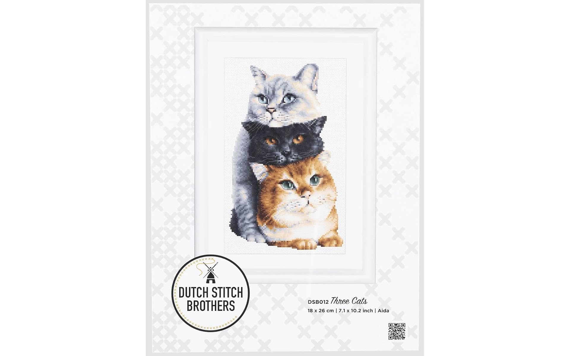 DUTCH STITCH BROTHERS - Counted Cross Stitch Kit - DSB012A - Three Cats - White Aida - 10.2 x 7.1 Inch - Embroidery Kit for Adults