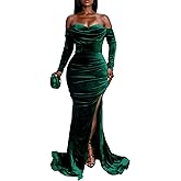Vakkest Women Off The Shoulder Formal Dresses Long Sleeve Evening Party Velvet Maxi Dress High Split Cocktail Gowns