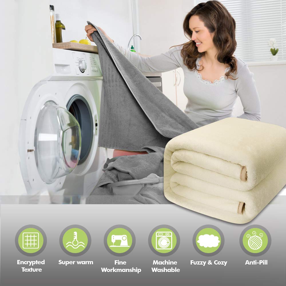 Asmork Flannel Luxury Blanket Ultra Soft Lightweight Thermal Bed Blankets Warm Fuzzy Plush Throw Blanket for Travel Couch Sofa (Ivory, Queen (90\