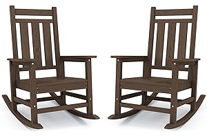 KINGYES Oversized Outdoor Rocking Chair Set of 2, All-Weather Patio Rocking Chairs for Porch, HDPE Outdoor Patio Rockers with High Back & Wide Seat for Garden, Lawn, Brown