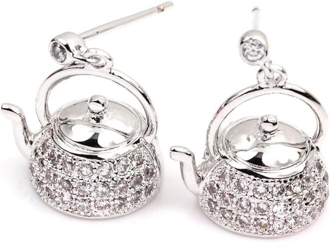 Amazon Fc Joryティーポットホワイトゴールドgp Cz舗装クリスタルシルバー色ケトルレディースガールズドロップイヤリング イヤリング 通販