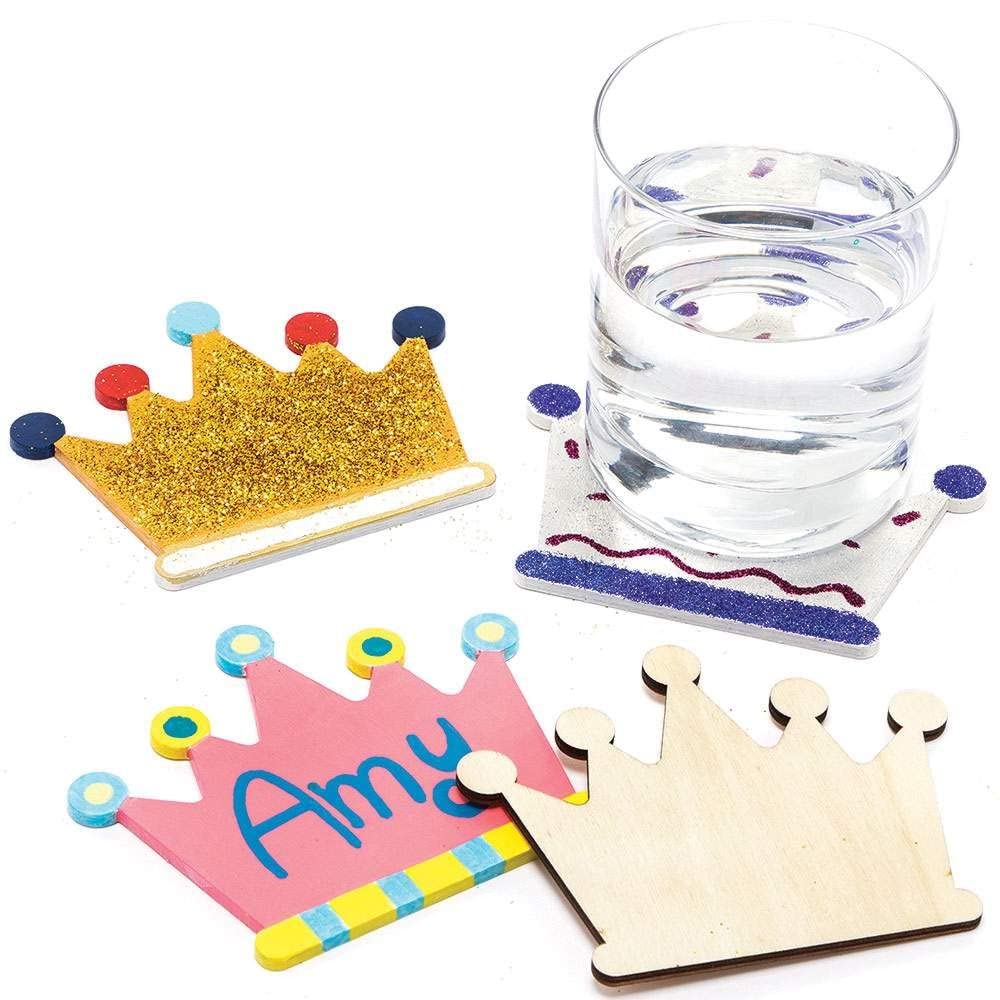 Baker Ross PJ189 Make Your Own Crown Coaster - Pack of 10, British Party Souvenir, Wood Crafts for Kids