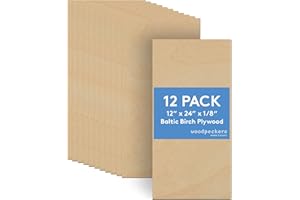 Baltic Birch Plywood, 3 mm 1/8 x 12 x 24 Inch Craft Wood, Box of 12 B/BB Grade Baltic Birch Sheets, Perfect for Laser, CNC Cutting and Wood Burning, by Woodpeckers