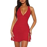 Women Sexy Halter Deep V Neck Ruched Bodycon Dress Summer Side Slit Mesh Hem Cocktail Club Party Short Mini Dresses