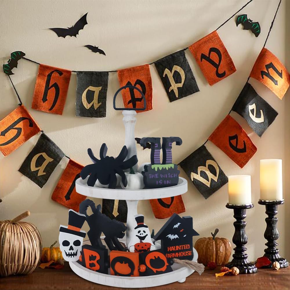 Wreaths, Garlands & Swags - MEETYAMOR Halloween Decorations Indoor, 7PCS Wooden Tiered Trays Set with Ghost, Haunted House, Skeleton, Spider, Cat, Witch Legs and Boo Bead Garland Halloween Decoration for Home, Table, Mantel