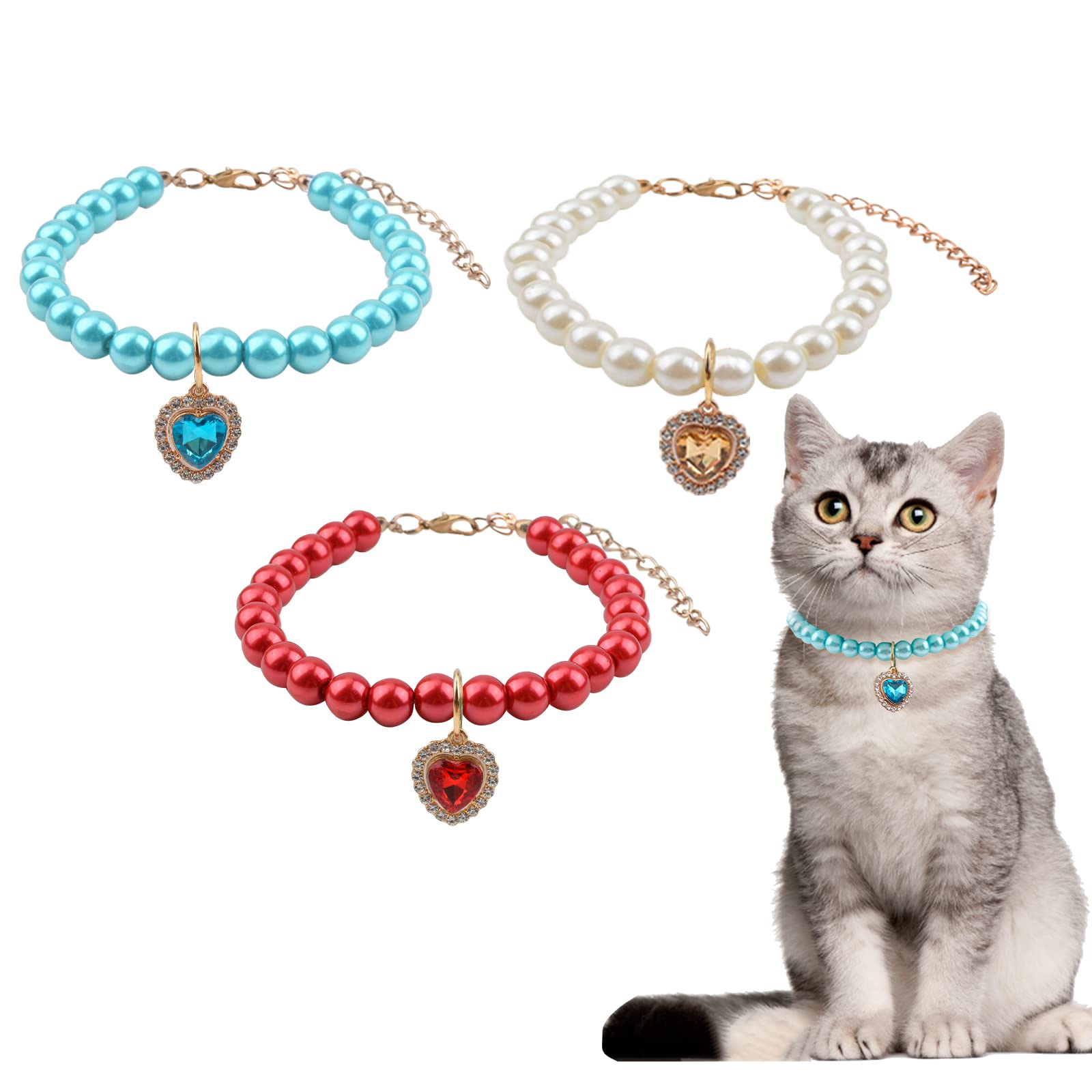 HACRAHO Cat Pearl Necklace Collar, 3 PCS Cat Wedding Collar with Rhinestones Heart Pendant Cat Bling Rhinestones Pearl Collar for Girl Cat Puppy Dogs