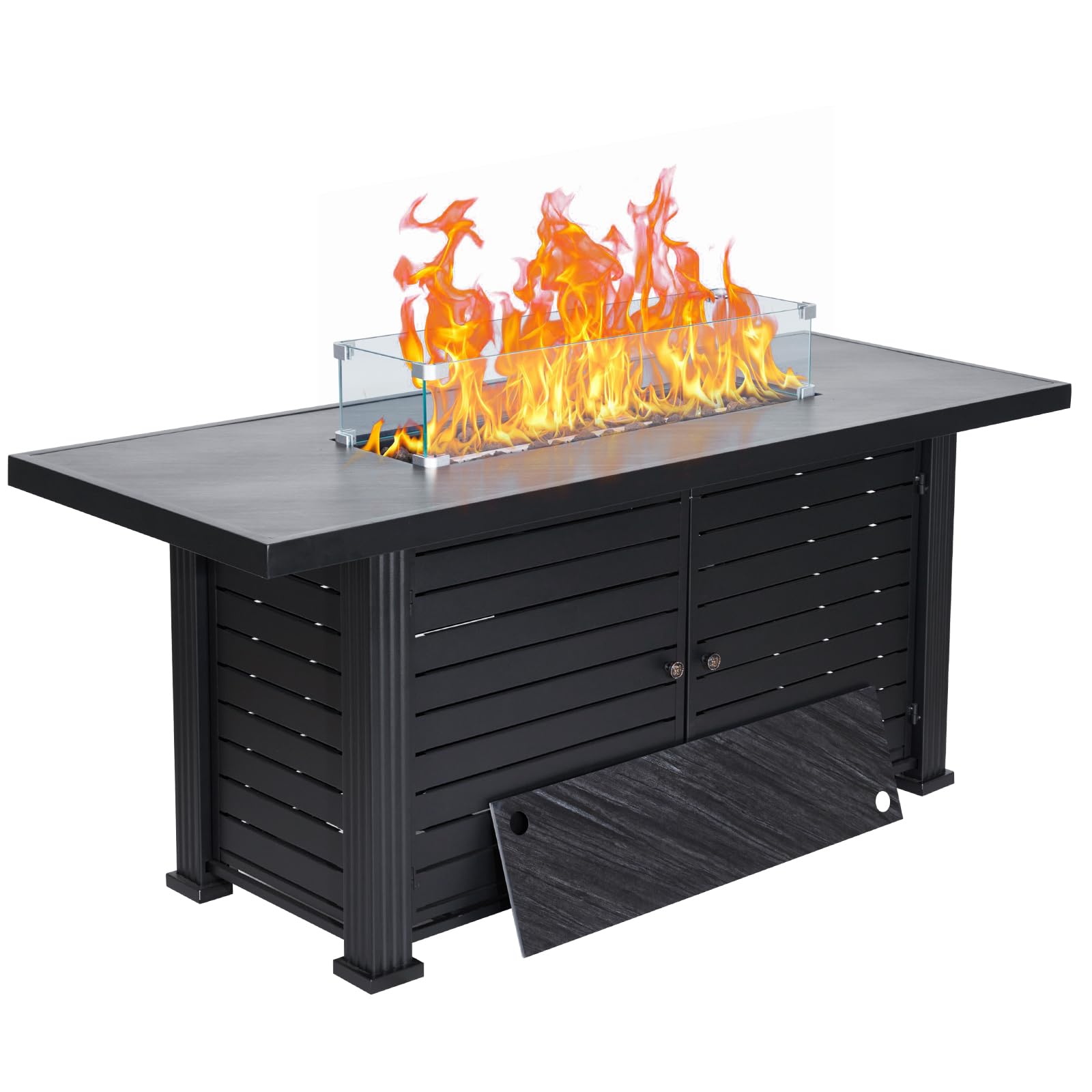 Photo 1 of GarveeLife Outdoor Propane Gas Fire Pit Table 57 Inch, Auto-Ignition Gas Firepit, with Glass Wind Guard, Gas Fire Pit Table with Cover & Rain Cover for Outside Patio, Garden